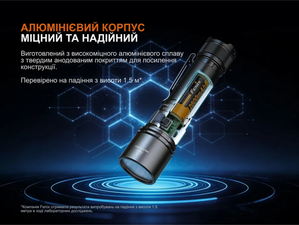 Алюмінієвий корпус Fenix C5 V2.0 у розрізі з акумулятором на 2600 мА·год