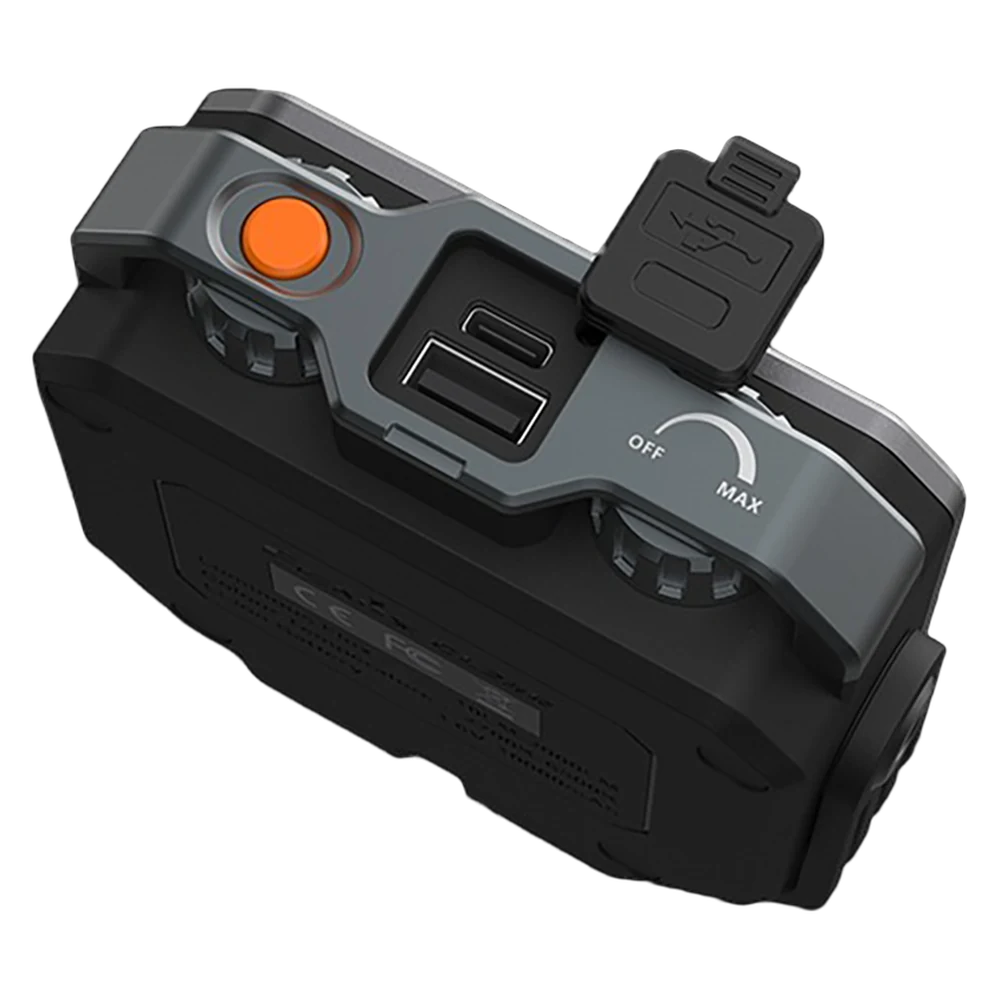 Верх Fenix CL28R: кнопка, регулятор OFF–MAX, роз’єми Type-C і USB-A під заглушкою