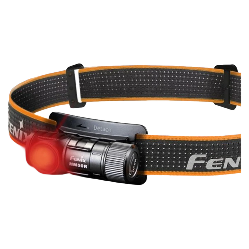 Налобний ліхтар Fenix HM50R V2.0 на стрічці з увімкненим червоним світлом
