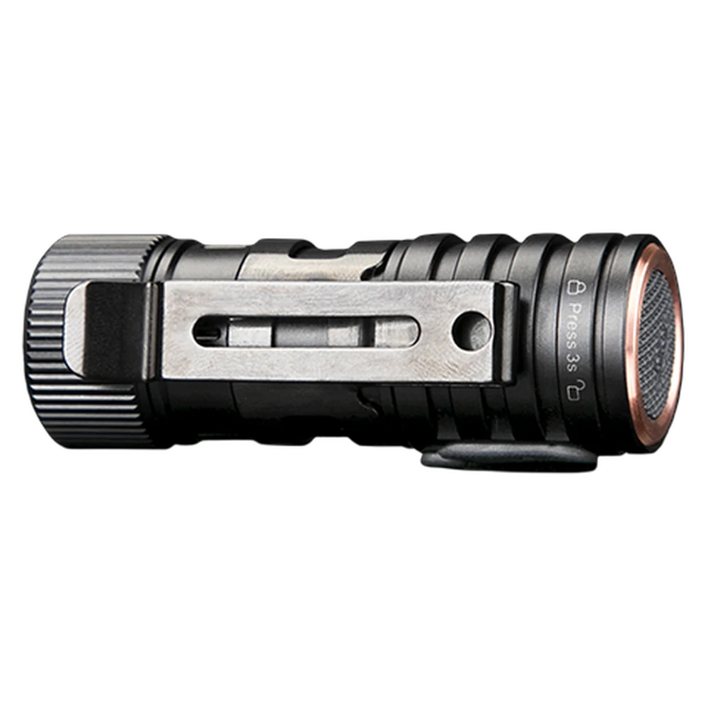 Світловий модуль Fenix HM50R V2.0 збоку: сталева кліпса й рифлена торцева кришка