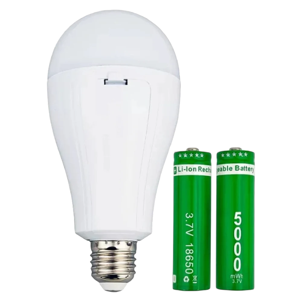 Аварійна LED-лампа E27 і два акумулятори 18650, що стоять у її корпусі