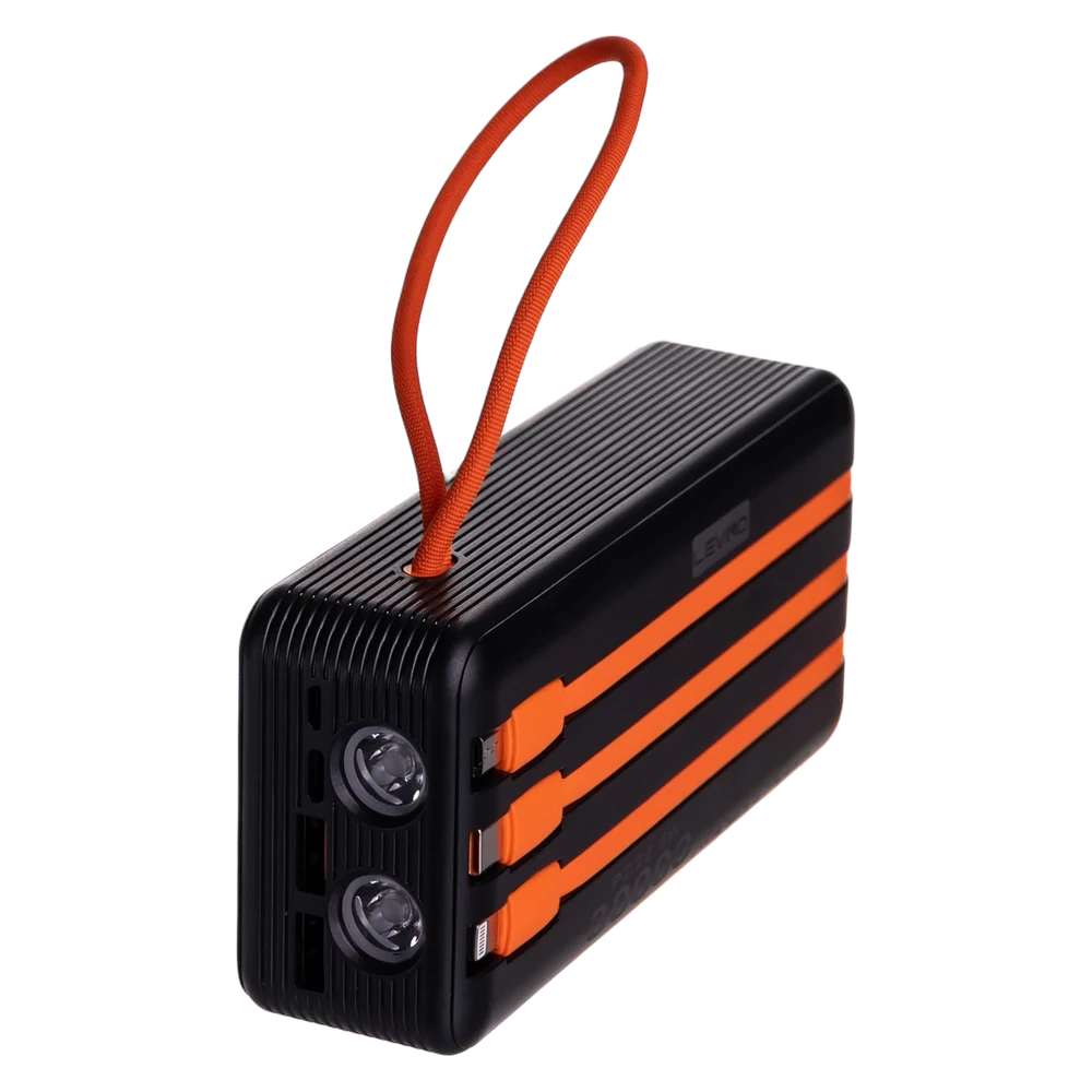 Levino N-56 лежить на боці: кабелі Micro-USB, Type-C, Lightning і ліхтарики