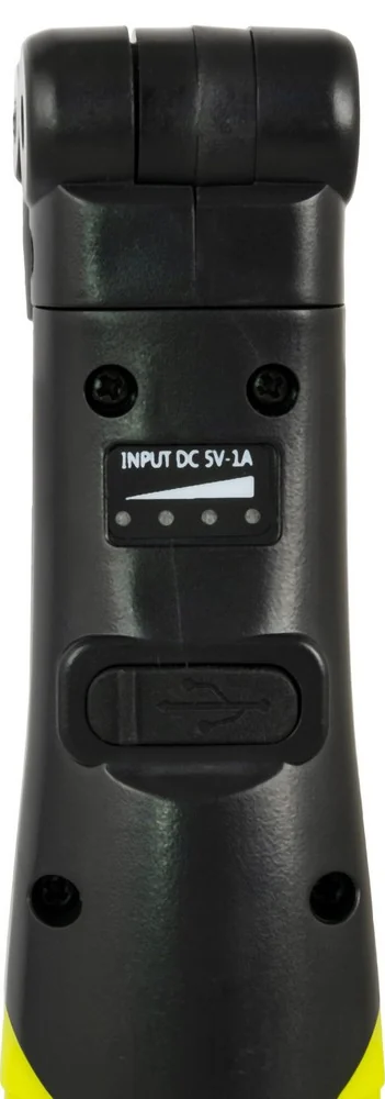 Зворот ручки RX-8009: напис INPUT DC 5V-1A, індикатор заряду з чотирьох точок і USB-порт під заглушкою